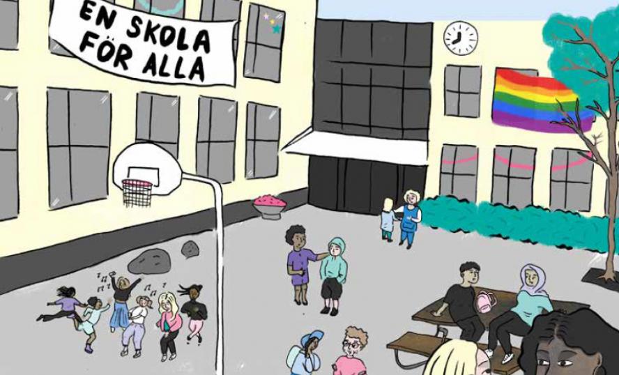 Teckning över skolgår med barn som leker. Texten "En skola för alla" syns samt en regnbågsflagga.