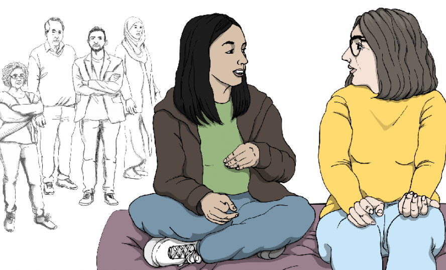 Illustration med två unga personer sittandes. Bakom dem står fyra tillsynes äldre personer med armarna i kors och med bestämda miner. Orden Heder och Makt syns.